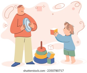 Feliz padre e hijo jugando juntos con juguetes. Papá con un niño pasa tiempo juntos en casa en una habitación para niños. Relación de padres e hijos, paternidad feliz y paternidad. Feliz tiempo de alegría para la familia