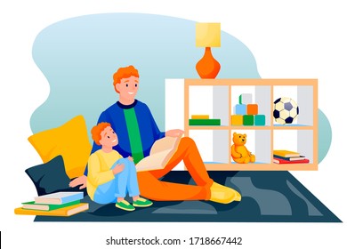 Happy father and son reading fairytale book together. Dad and little boy sitting on carpet in playroom and learning. Vector characters illustration. Family leisure lifestyle and time at home