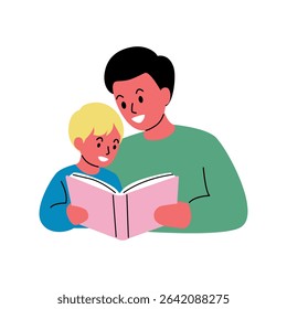 Happy Father and Son Reading Together at Home