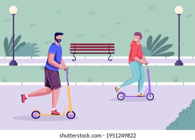 Happy father and son riding scooters in the park together. Man and boy spending and enjoying time outdoor. Modern ecology transport. Colorful vector illustration. Flat cartoon design.