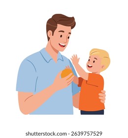 Happy Father and Son Sharing a Moment, Dad Giving Orange to His Child, Vector Illustration
