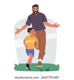 Happy father and son showing positive emotions enjoying day out playful moments together cartoon scene. Parent and child running fast playing catch-up game in park meadow vector illustration