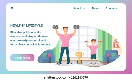 Happy Father and Son Standing Training Home Sport. Horizontal Banner Image Healthy Lifestyle. Man and Child Raising his Hand Up with Dumbbell. Physical Hand Strength Exercises. Champion Cup