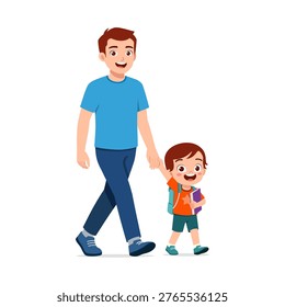Happy father and son walking hand in hand smiling brightly going to school with backpack and book together