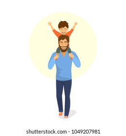 happy father and son walking together, boy is sitting on dads back shoulders isolated fun vector illustration scene