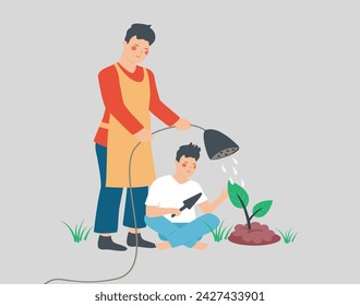 Feliz padre e hijo regando una planta en el suelo juntos. Papá le enseña a su hijo cómo plantar un árbol afuera. Concepto de medio ambiente, Día de la Tierra, ecología verde y conservación forestal. Vector de stock