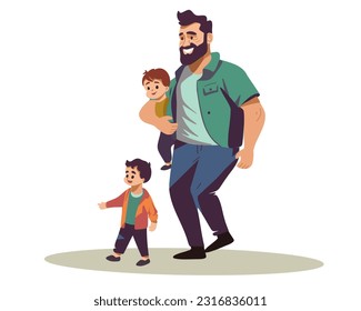 Happy father with sons, boys, father's day. Flat vector illustration