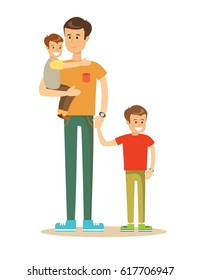 Happy father and sons having quality family time on summer holidays. Lifestyle, vacation, happiness, joy concept. Cartoon character illustration Isolated on white background.