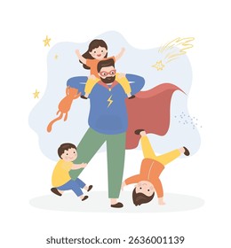 Happy father in superhero costume spends time with his children. Games and entertainment with sons and daughter. Nice people, family relationships. Strong dad and cute kids. flat vector illustration