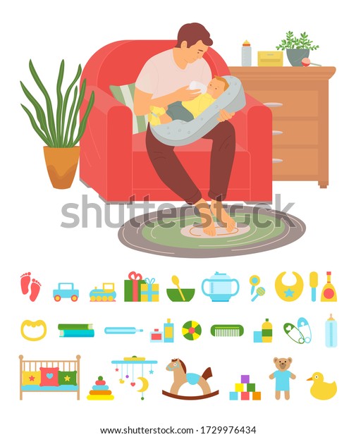 Happy father\
takes care of small child sitting in red armchair vector, dad feeds\
newborn baby, toys for boys and girls horse and bib, cradle and\
duck, concept for Father\
day