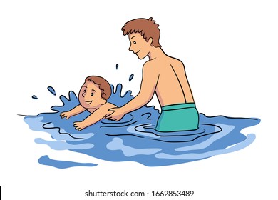 Padre feliz enseñando a un hijo alegre a nadar en piscina, mar o río. Papá ayuda a un chico amoroso a mover la pierna y las manos en el agua. Paternidad, niñez y educación. Fondo de agua azul. Ilustración del vector