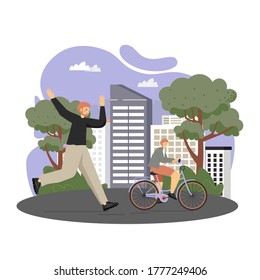 Happy father teaching his kid boy to ride bicycle running behind him, vector flat illustration. Parenting, happy fatherhood and childhood, parent child relationship, parental love and care for kids.