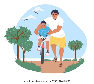 Padre feliz enseñando a su hijo a montar en bicicleta en el parque, ilustración plana vectorial. Papá y un niño pasan tiempo juntos. Relación de padres e hijos, paternidad feliz y paternidad. Actividad del día del padre