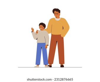 Happy father and teen son stand together and welcoming someone. Dad cares and is proud of his child boy. Good relationship and trust between generations concept. Vector illustration. 