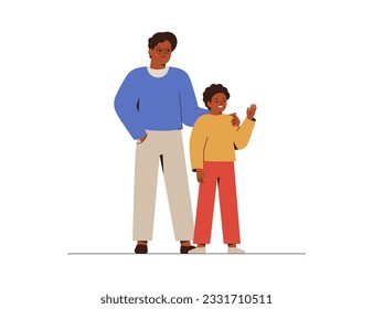 Happy father and teen son stand together. African american male Parent cares and is proud of his child boy. Good relationship and trust between generations concept. Vector illustration. 