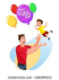 Happy Father Throwing Kid Up to Bunch of Balloon. Young Man Playing with Little Son. Loving Dad and Joyful Child Spending Time Together. Father's Day Celebration. Flat Cartoon Vector Illustration
