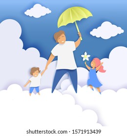 Happy father with two kids walking along fluffy clouds and holding umbrella, vector illustration in paper art craft style. Happy Fathers Day greeting card template.