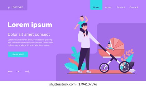 Happy father walking with children. Baby, carriage, park flat vector illustration. Family and fatherhood concept for banner, website design or landing web page