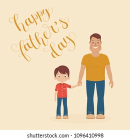 Happy father/dad holding son's hand. Happy Father's Day hand lettering. Vector art.