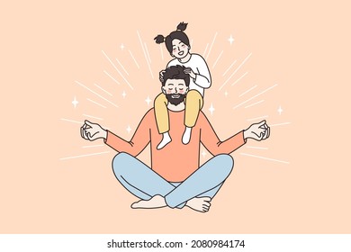 Happy fatherhood and childhood concept. Young smiling father sitting meditating and holding hid little happy daughter on his shoulders vector illustration 
