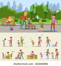 Happy fatherhood concept with father and children playing and having good time together vector illustration