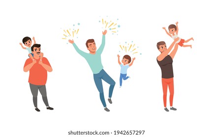 Happy Fatherhood Concept, Set of Fathers and their Kids Having fun Together, Son Playing with Dad Cartoon Vector Illustration