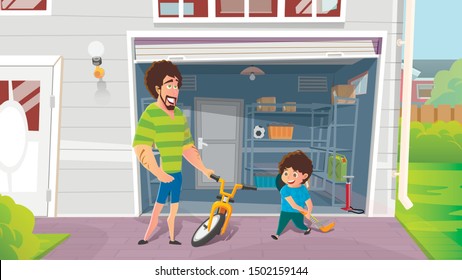 Happy Fatherhood, Day Off with Son Cartoon Vector Concept with Little Boy Spending Time with Father at House Garage, Taking Wrench, Helping Parent to Repair Broken Wheel in Child Bicycle Illustration