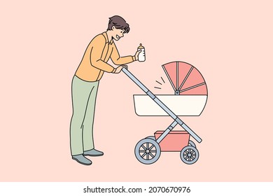 Happy fatherhood and parenthood concept. Young smiling man father walking with his baby in stroller holding milk in bottle in hands vector illustration 