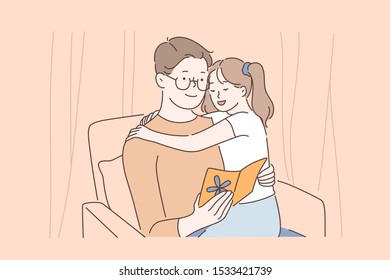 Happy fatherhood, strong father and daughter relationships, family love and tenderness concept. Little girl hugging daddy and greeting with fathers day, dad and kid together. Simple flat vector