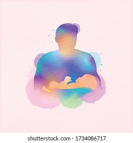 Happy fatherr's day. Happy family dad holding newborn baby silhouette plus abstract watercolor painted.Double exposure illustration. Digital art painting. Vector illustration.