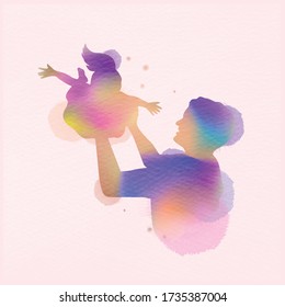 Happy fatherr's day. Happy family father catching and playing with his daughter silhouette plus abstract watercolor painted.Double exposure illustration. Digital art painting. Vector illustration.