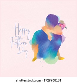 Happy fatherr's day  Side view Happy family daughter hugging dad silhouette plus abstract watercolor painted Double exposure illustration  Digital art painting  Vector illustration 