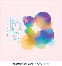 Happy fatherr's day. Side view of Happy family daughter hugging dad silhouette plus abstract watercolor painted.Double exposure illustration. Digital art painting. Vector illustration.