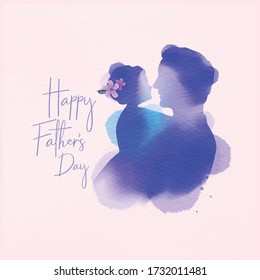 Happy fatherr's day. Side view of Happy family daughter hugging dad silhouette plus abstract watercolor painted.Double exposure illustration. Digital art painting. Vector illustration.