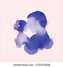 Happy fatherr's day  Side view Happy family daughter hugging dad silhouette plus abstract watercolor painted Double exposure illustration  Digital art painting  Vector illustration 