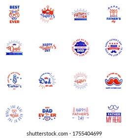 Happy fathers day. 16 Blue and red Lettering happy fathers day. Editable Vector Design Elements