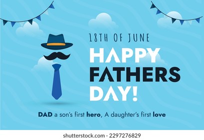 Feliz día de los padres. 18 de junio Feliz Día del Padre tarjeta de saludo con corbata azul, sombrero, bigote y fondo. Publicación de sensibilización sobre la celebración del Día del Padre. Papá y el amor familiar. Plantilla de promoción para papá