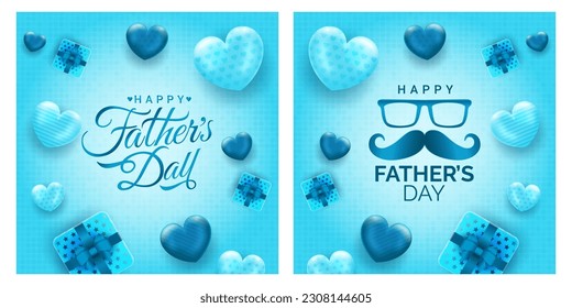 Happy Father's Day 2023 greeting with love ornament on blue background, for banner, social media feed, stories