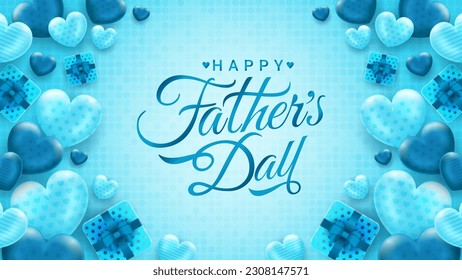 Happy Father's Day 2023 greeting with love ornament on blue background, for banner, social media feed, stories