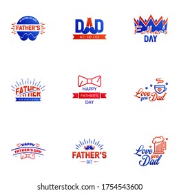 Happy fathers day. 9 Blue and red Lettering happy fathers day. Editable Vector Design Elements