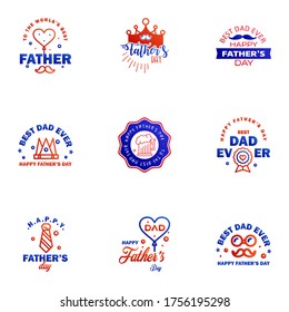 Happy fathers day 9 Blue and red Typography set. Vector typography. Vintage lettering for greeting cards. banners. t-shirt design. You are the best dad. Editable Vector Design Elements