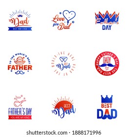 Happy fathers day 9 Blue and red typography set. Vector emblems. Lettering for greeting cards. banners. t-shirt design. You are the best dad. Editable Vector Design Elements