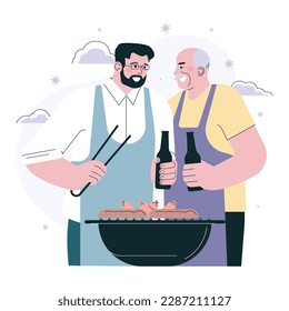 Happy Father's Day. Adult son and his senior dad grilling steaks and sausages together. Family communication and happiness. Backyard picnic on a weekend. Flat vector illustration