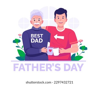 Happy Father's Day. The adult son and his elderly gray-haired father embrace each other with love. Vector illustration