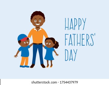 Happy Fathers' Day with happy african american family vector. Cheerful dad with children vector. Happy african american family icon. Black father with son and daughter vector. Happy dad with kids cart