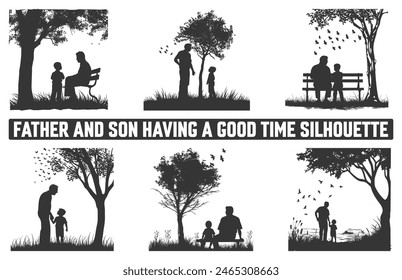 Happy Father's Day, Assortment of Father and son silhouettes, An illustration celebrating Father's Day images of father and children.