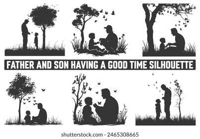 Happy Father's Day, Assortment of Father and son silhouettes, An illustration celebrating Father's Day images of father and children.