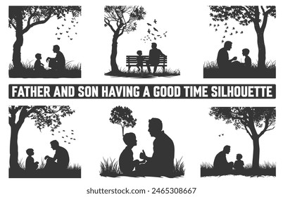 Happy Father's Day, Assortment of Father and son silhouettes, An illustration celebrating Father's Day images of father and children.