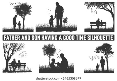 Happy Father's Day, Assortment of Father and son silhouettes, An illustration celebrating Father's Day images of father and children.