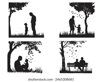 Happy Father's Day, Assortment of Father and son silhouettes, An illustration celebrating Father's Day images of father and children.